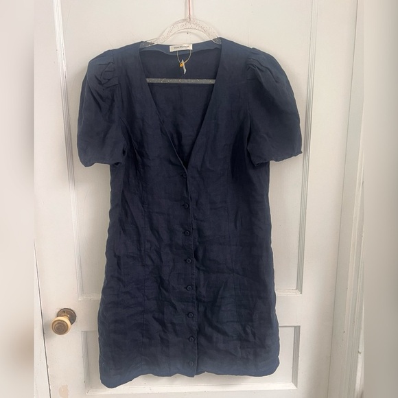 There Was One Dress Navy Linen Puffy Sleeve Button Down Dress Size M $258 - Picture 1 of 6